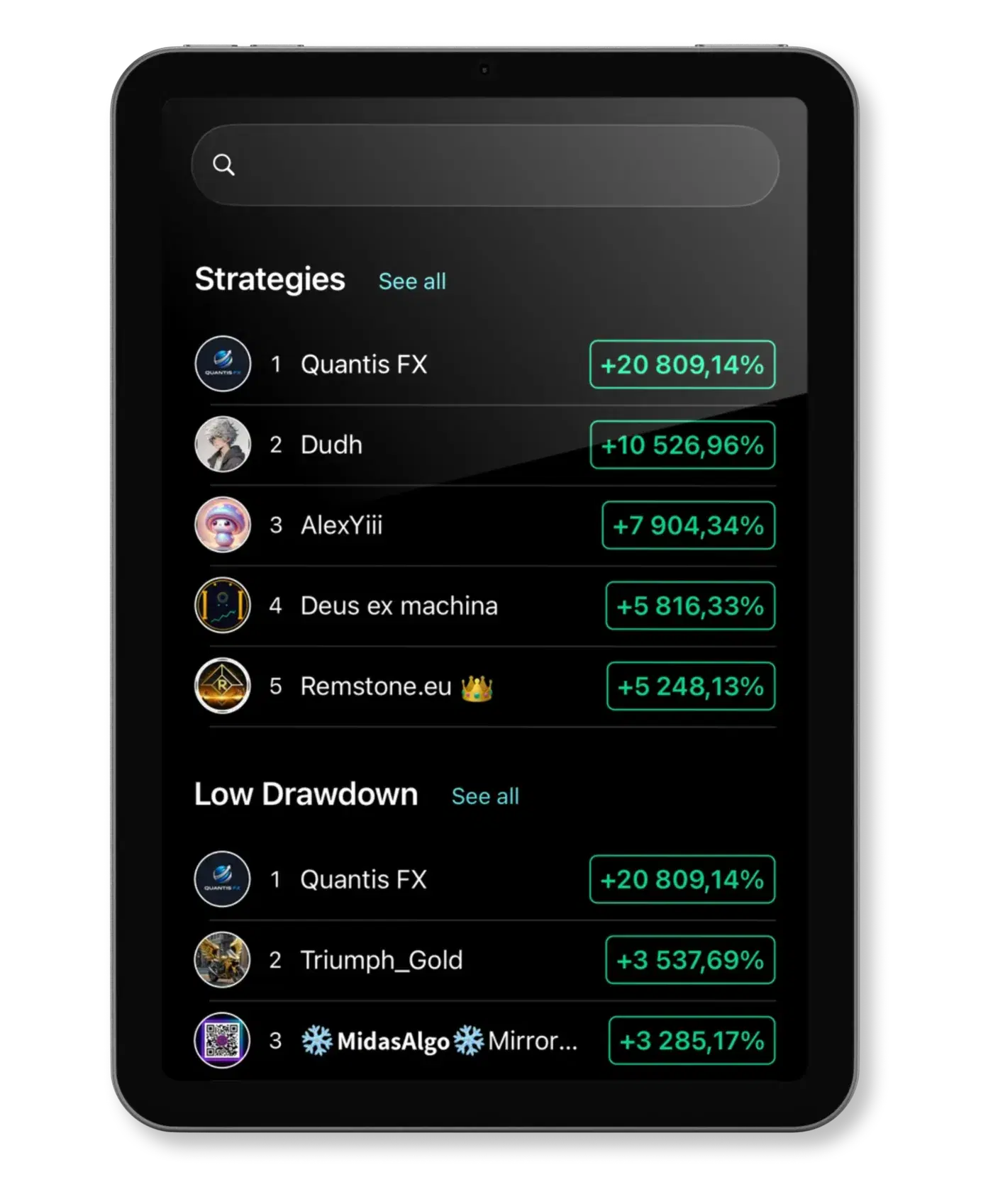 Copy trading tablet interface
